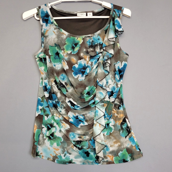 Cato Tops - Cato Tank Top Blouse Womens Medium Blue Brown Lined Floral Ruffle Sleeveless